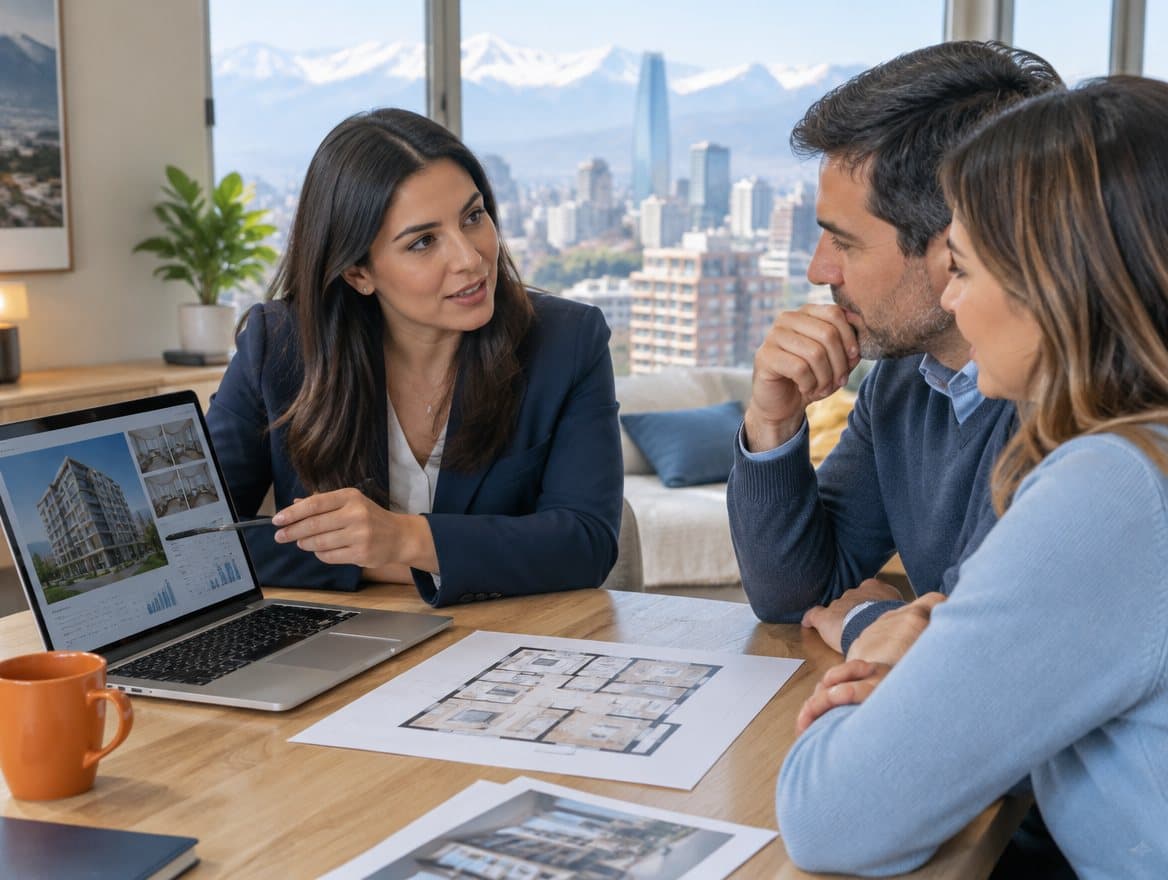 Asesora PII revisando una propuesta de inversión con una pareja de clientes